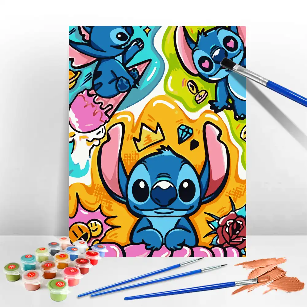 Close-up view of Lilo and Stitch characters outlined on canvas ready for painting with numbered sections.