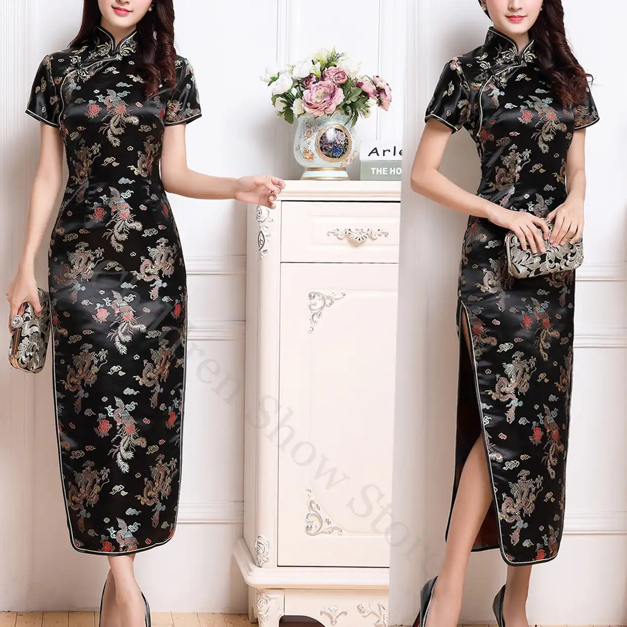 Women's traditional qipao dress in red with elegant fit and authentic Chinese styling.