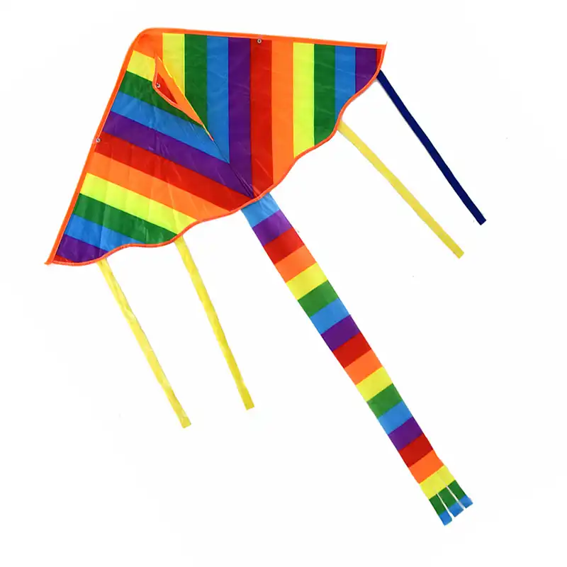 Complete rainbow kite package with triangle kite, line, handle ready for outdoor flying.