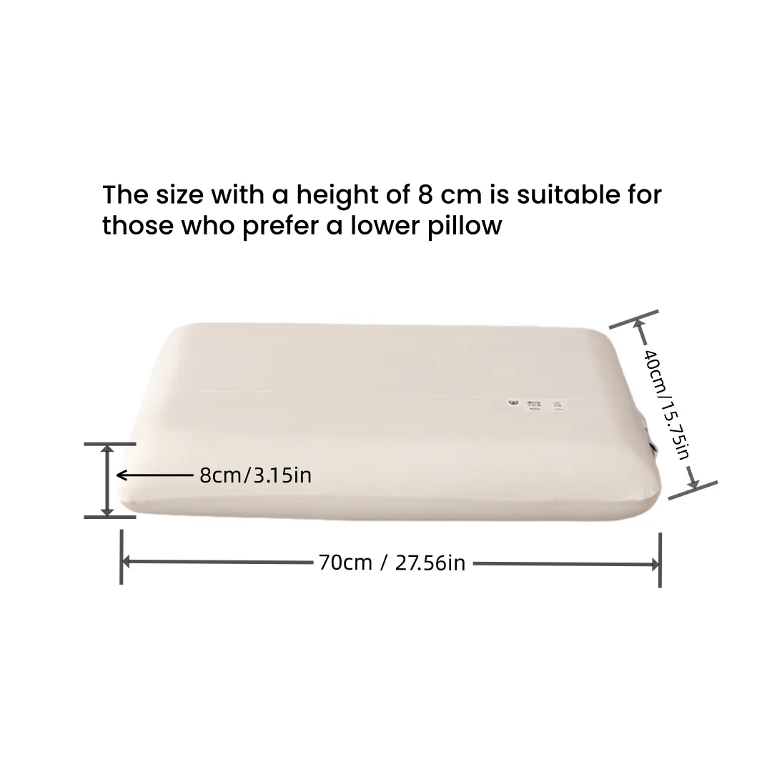Side-by-side comparison of three pillow heights with measurement guide and sizing chart.