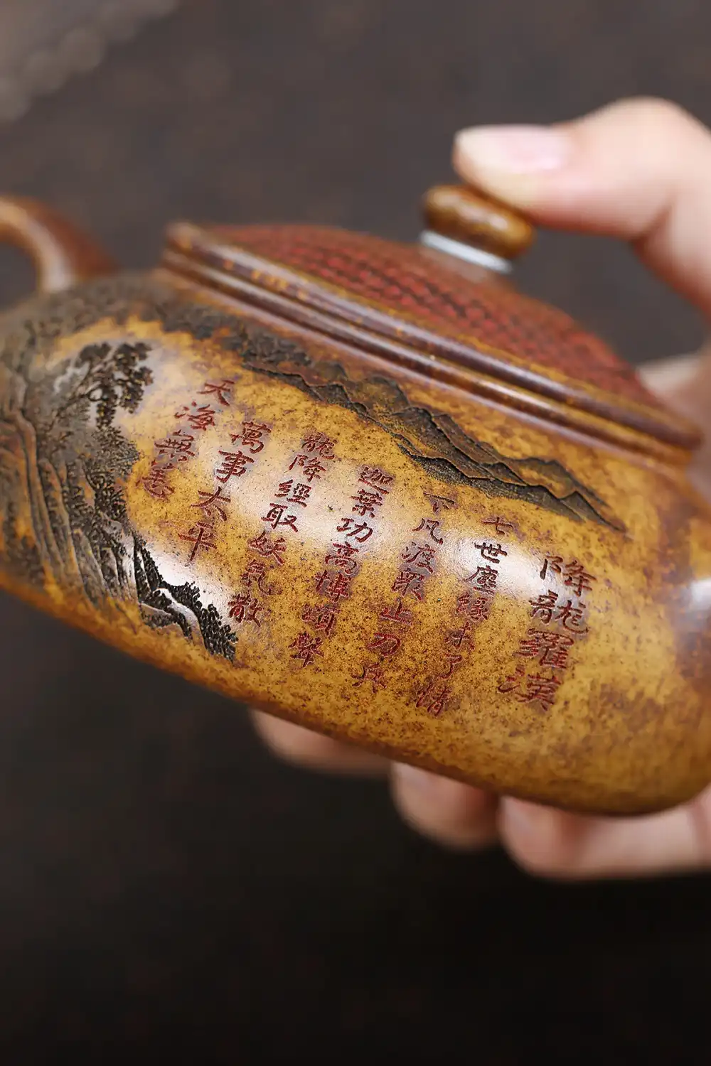 High-temperature wood burning process creating unique golden color variations in keel gold sand clay.