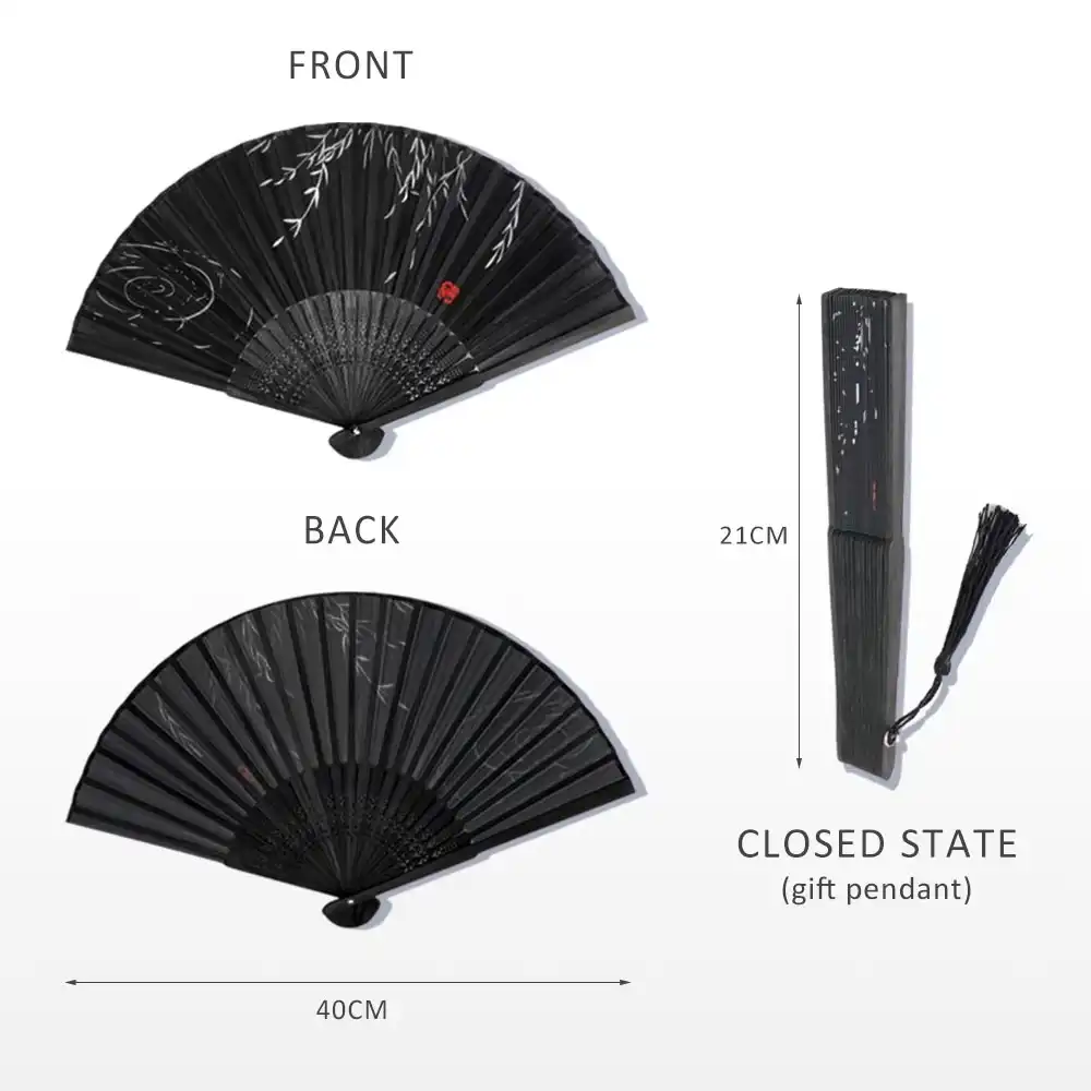 Smooth opening mechanism of black silk fan from closed to fully extended position.