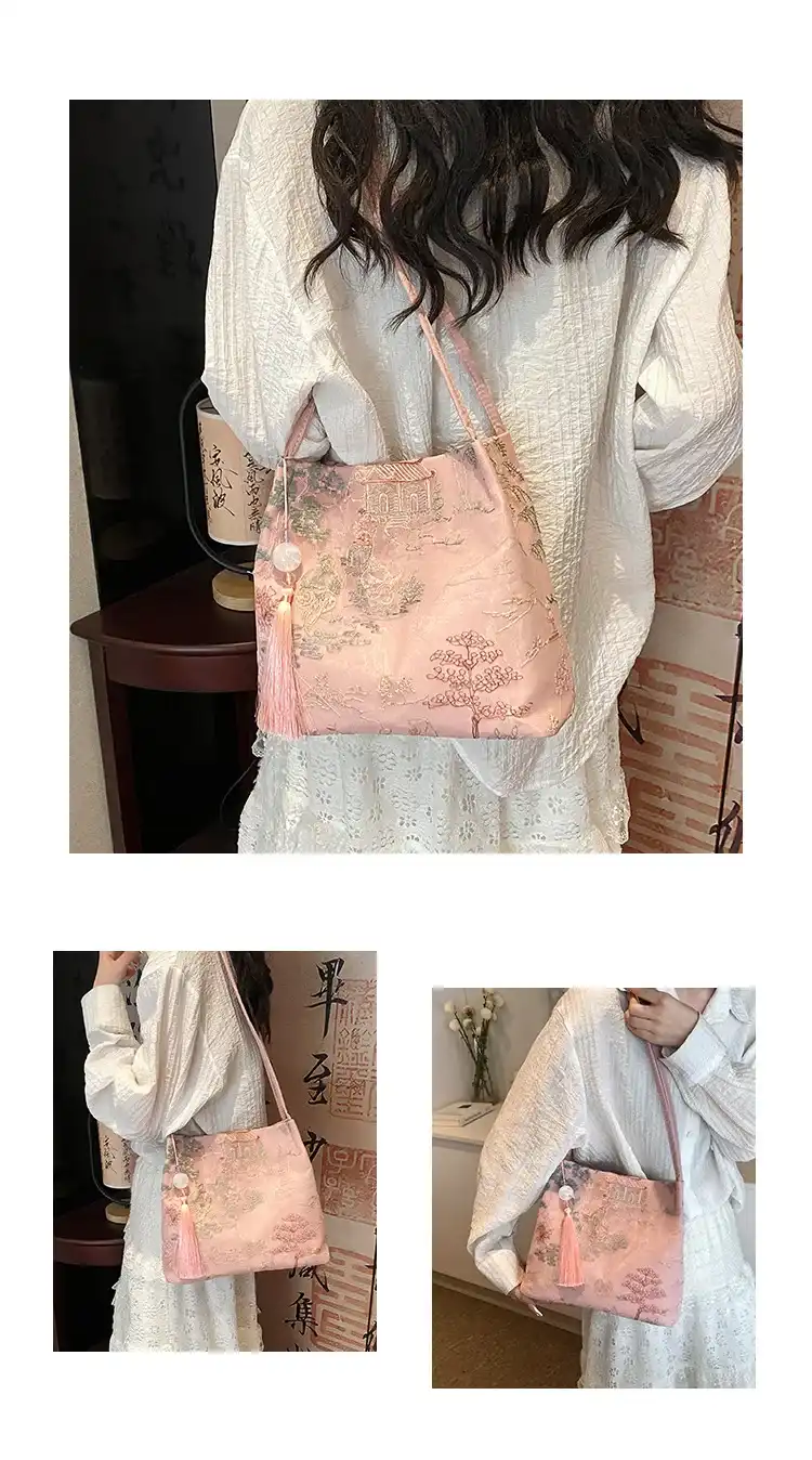 Model wearing silk crossbody bag showcasing size proportion and styling versatility.