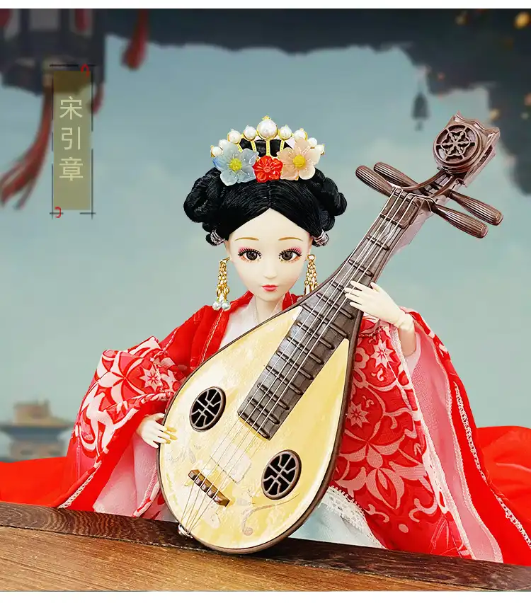 Side profile of Imperial Court doll showing flowing ancient costume robes and elegant posture.