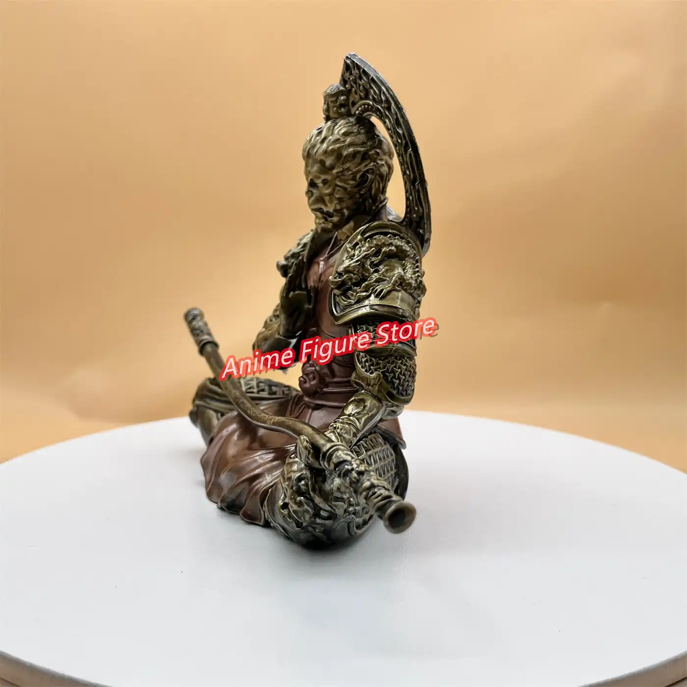 Close-up detail shot of Black Myth Wukong figure face and helmet authentic game character design.