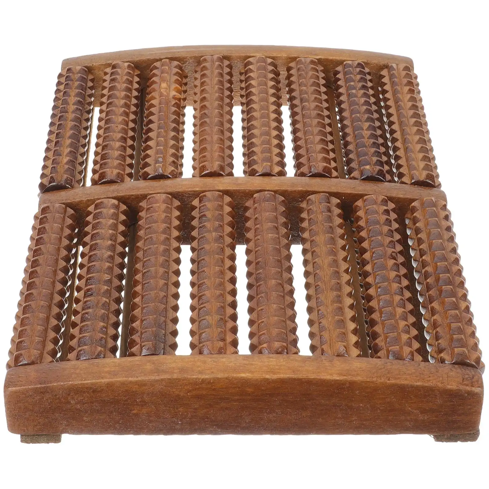 Brown wooden gua sha foot roller, side angle on white background..