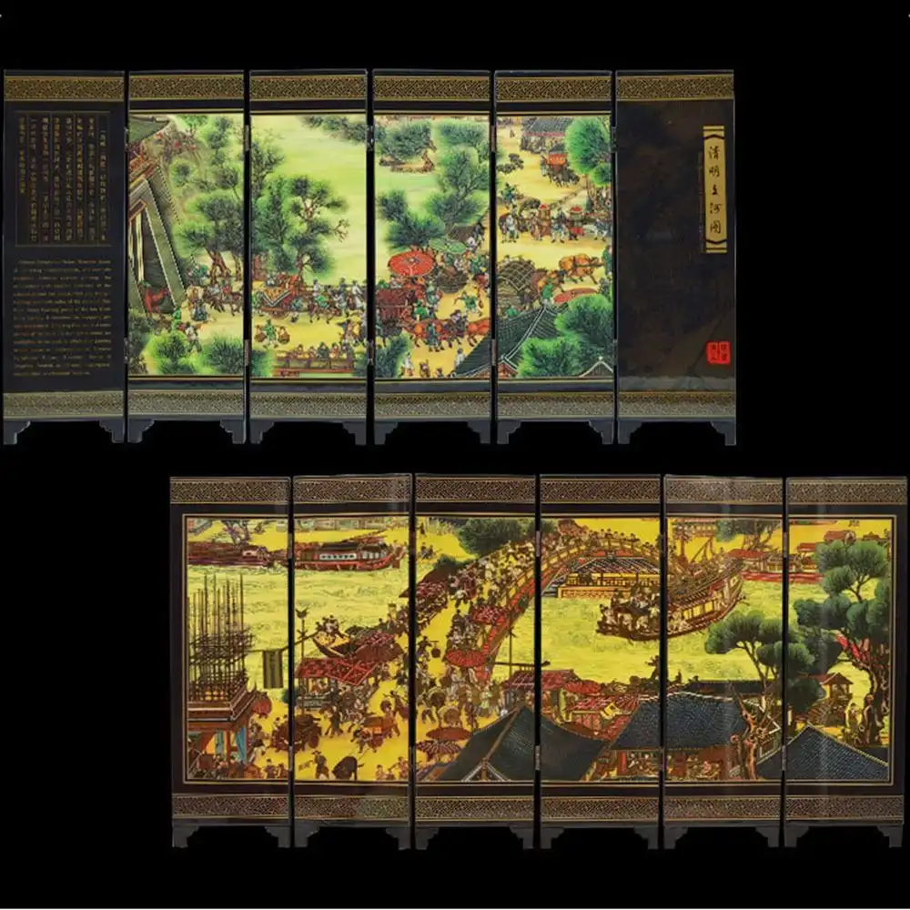 Close up of antique lacquerware finish showing detailed Chinese scenery painting techniques.