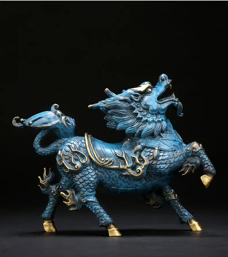 Chinese unicorn Kirin mascot sculpture displaying traditional painted details on premium copper material.