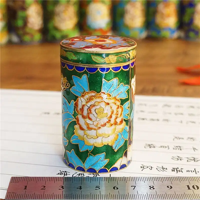 Side profile of cloisonne holder highlighting 7.5cm height and brass base construction quality.