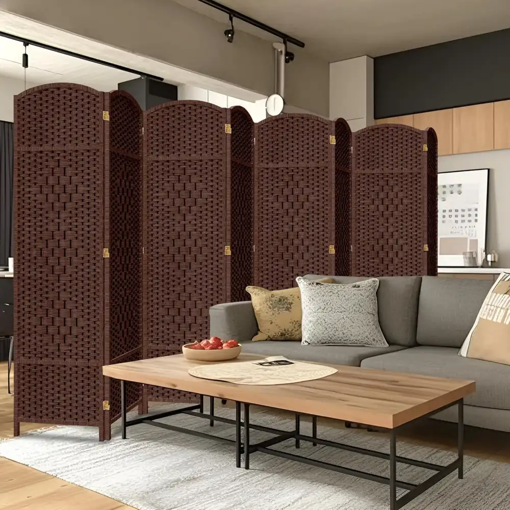 8-panel folding privacy screen room divider fully extended showing 6ft height and modern design.