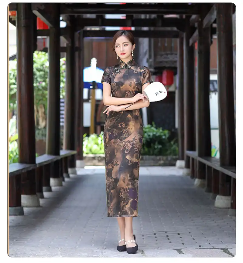 Long cheongsam dress fabric care instructions and quality construction details.