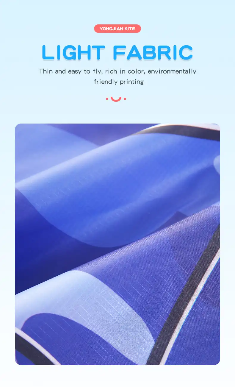 Close up view of airplane kite construction showing polyester fabric and steel frame quality.