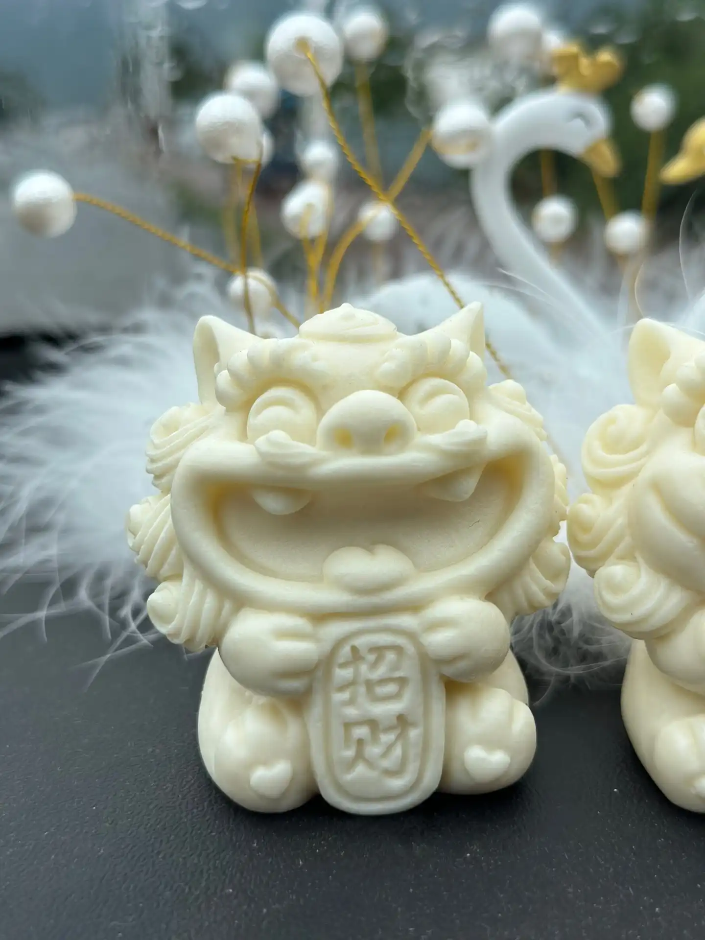 Side view of organic coconut lion figurine displaying cartoon style wealth attraction design elements.