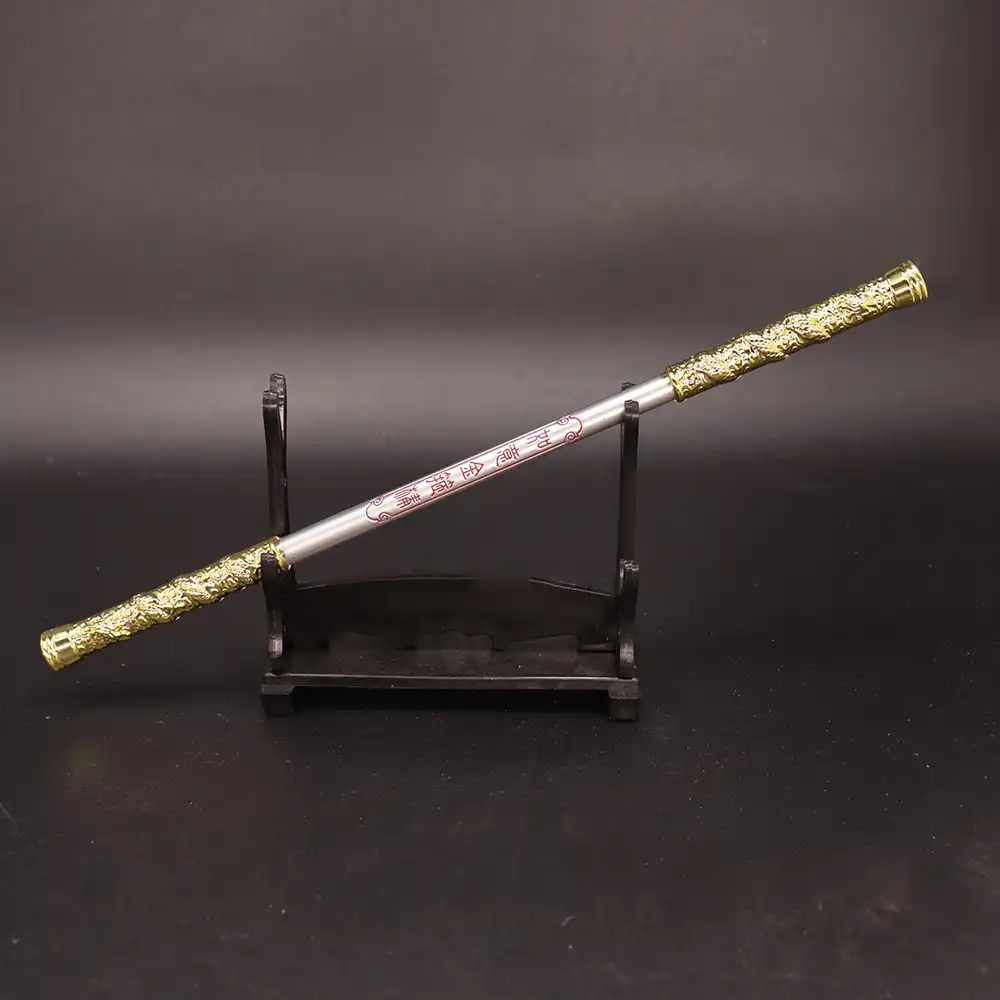 Silver metal Ruyi Jingu Bang 22CM display stand showing premium craftsmanship and elegant finish.