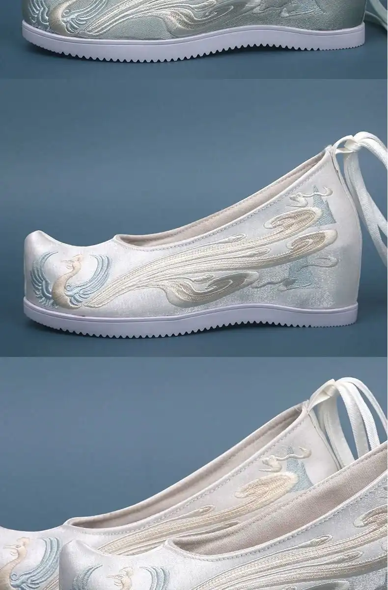 Phoenix pattern embroidery detail on red Chinese traditional shoes with gold threading and beadwork.