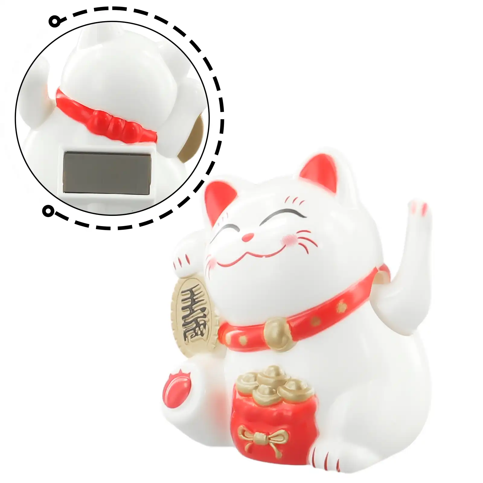 Detailed view of lucky cat holding golden ingot symbolizing wealth and prosperity.