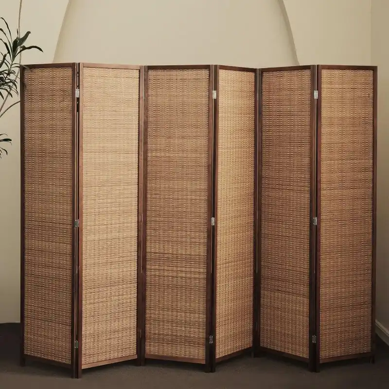 Chinese 6-panel bamboo folding room divider screen with pinewood frame in living room setting.