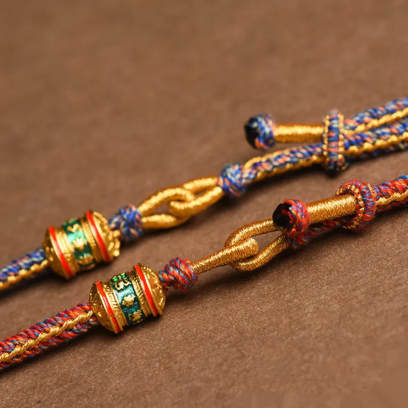 Close-up handwoven cotton rope texture geometric pattern Tibetan style necklace detail.