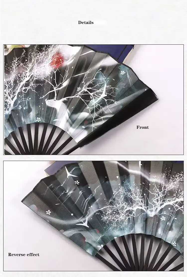 Double-sided cloth face fan showing both decorative sides with bamboo frame construction.