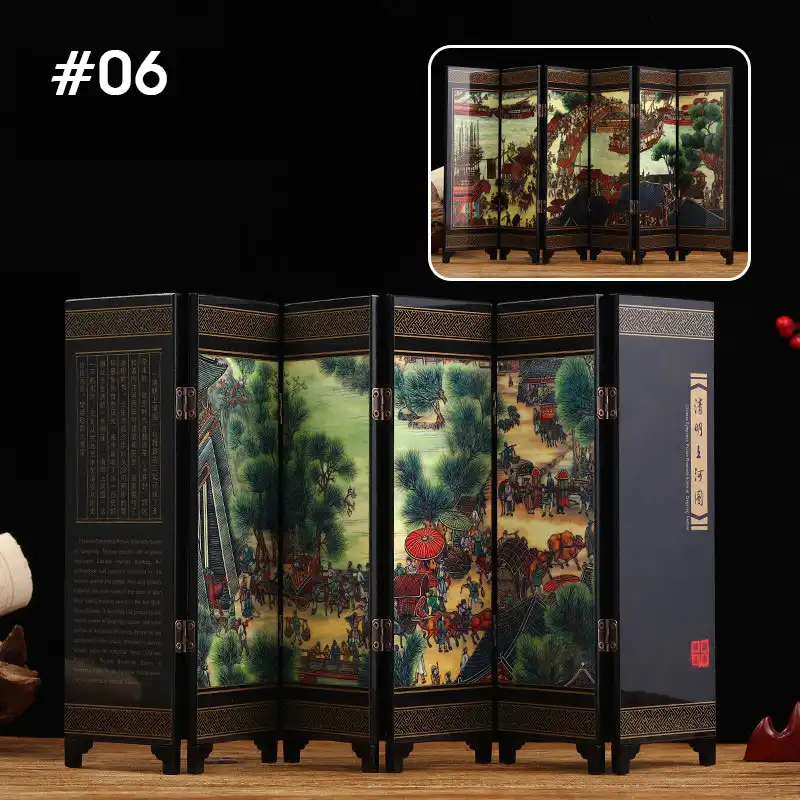 Chinese Antique Small Screen Desktop Decor front view showing lacquerware finish and patterns.