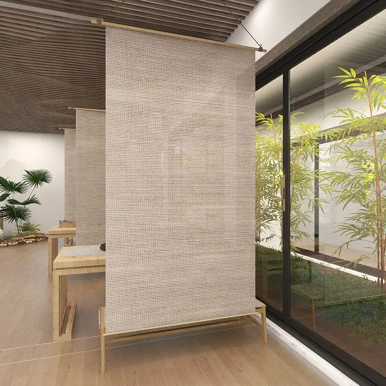 Close-up detail of natural hemp and bamboo weaving pattern on Chinese partition curtain.