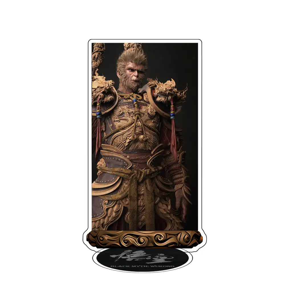 Gaming desk setup featuring Wukong acrylic stand as decorative collectible figure accessory.