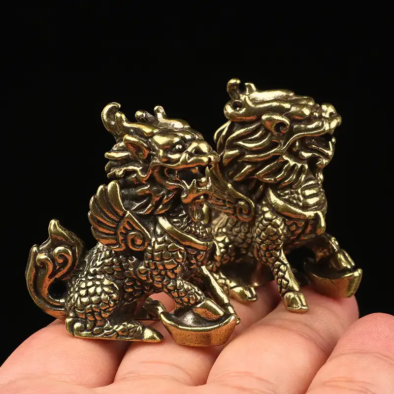 Copper Qilin figurine displayed in living room environment showcasing home decoration potential.