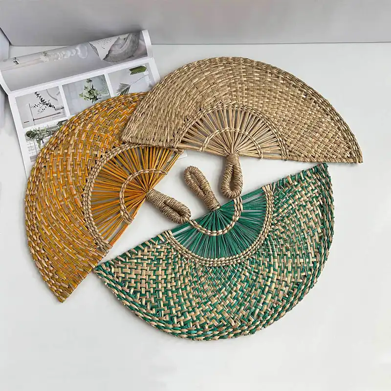 Lifestyle shot of Japanese style fan integrated into rustic home interior decoration scheme.