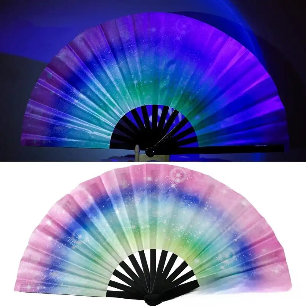 Comparison between traditional Chinese fan and modern UV fluorescent version showing evolution of design.