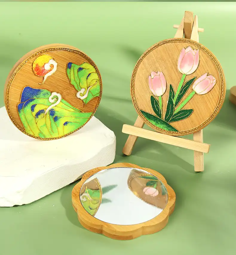 Individual enamel paint colors included in cloisonne mirror DIY kit for artistic customization.