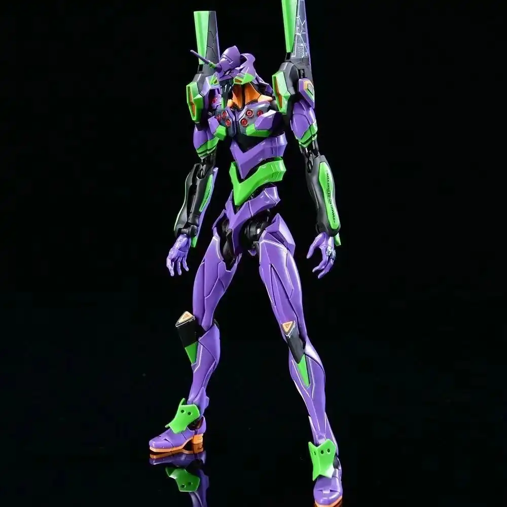 Eva-01 anime model kit with purple and green details, side angle..