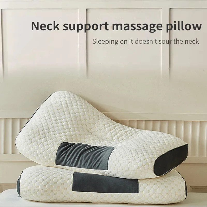 Cervical pillow cross-section showing memory foam construction and ergonomic contour design.