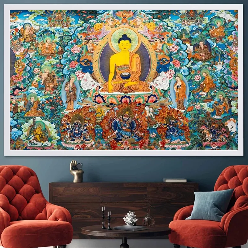 Traditional Tibetan Buddhism wall art displaying authentic religious cultural symbols.