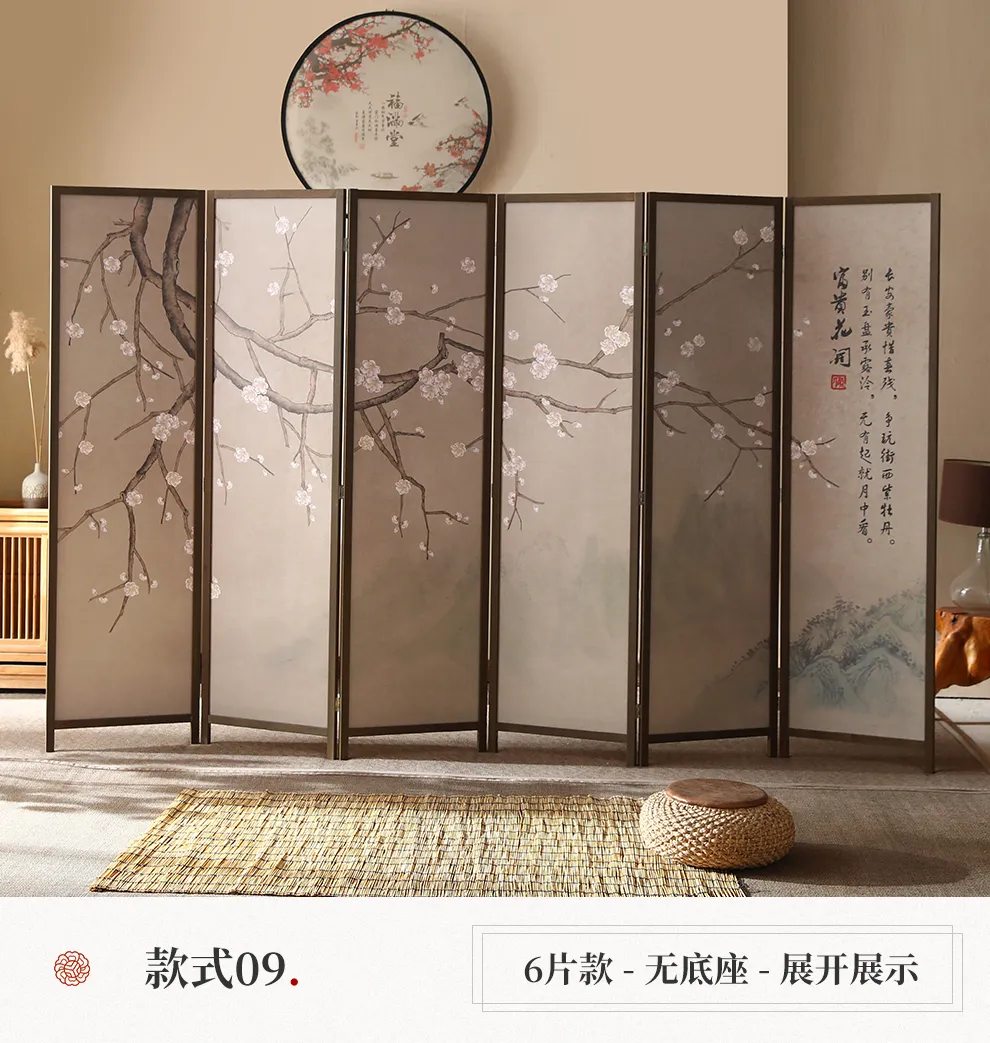 Close-up of traditional Chinese floral motif painted on pine wood screen panel.
