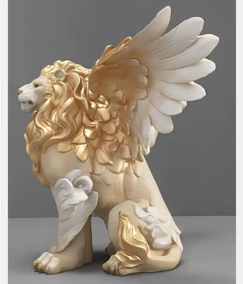 Lion statue on glass coffee table in contemporary living room with modern furniture setting.