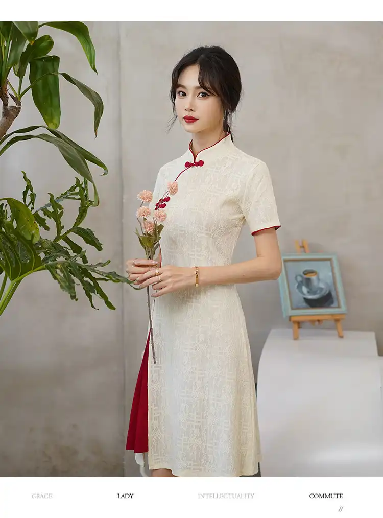 Model wearing vintage cheongsam demonstrating movement and fabric drape comfort.