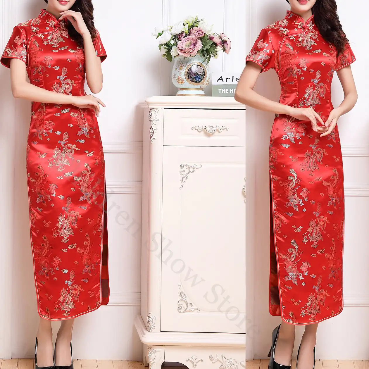 Close up view of dragon phoenix pattern on red Chinese dress showing detailed craftsmanship.