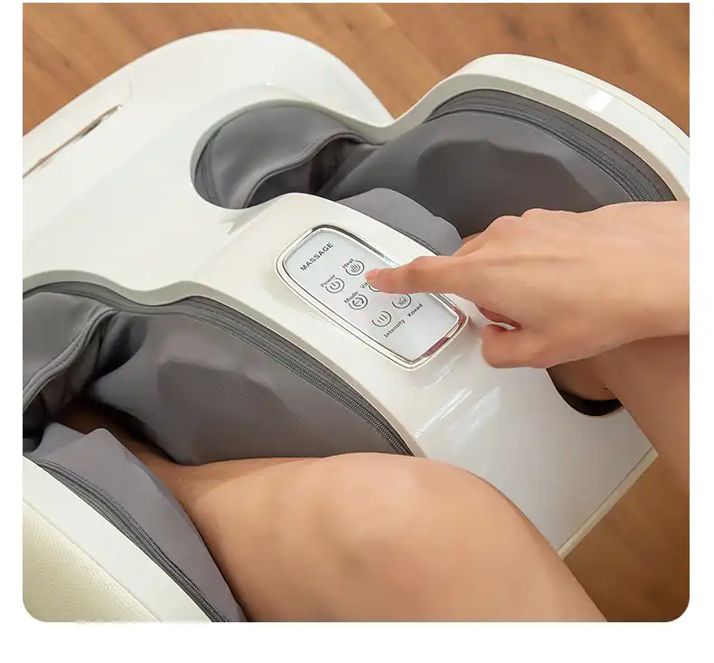 Calf foot massager with heat therapy, close-up of rollers..