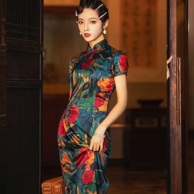 Vintage inspired cheongsam styled with accessories showing complete Old Shanghai fashion look.