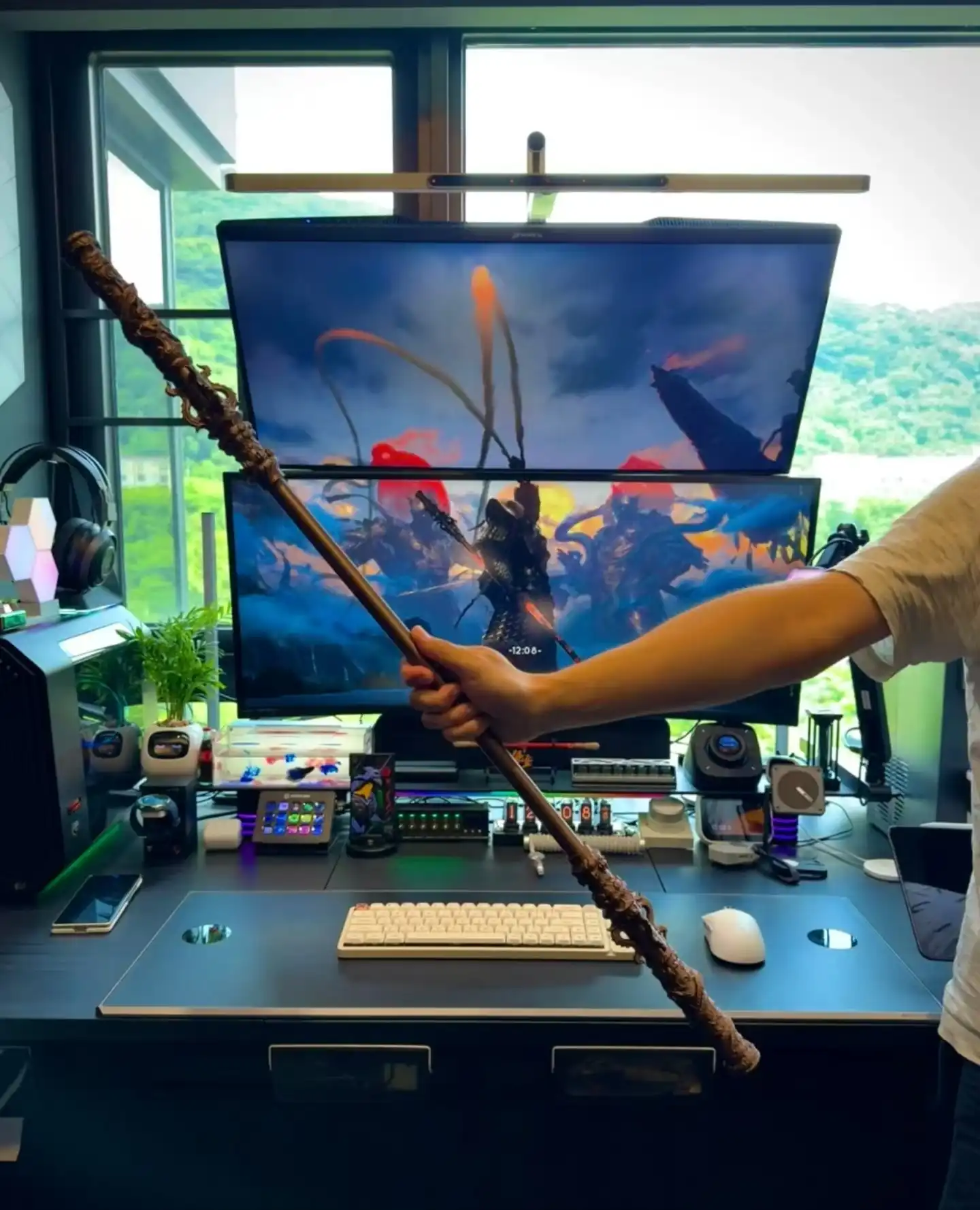 Black Myth Wukong weapon replica showing scalable mechanism in action from compact to full extension.