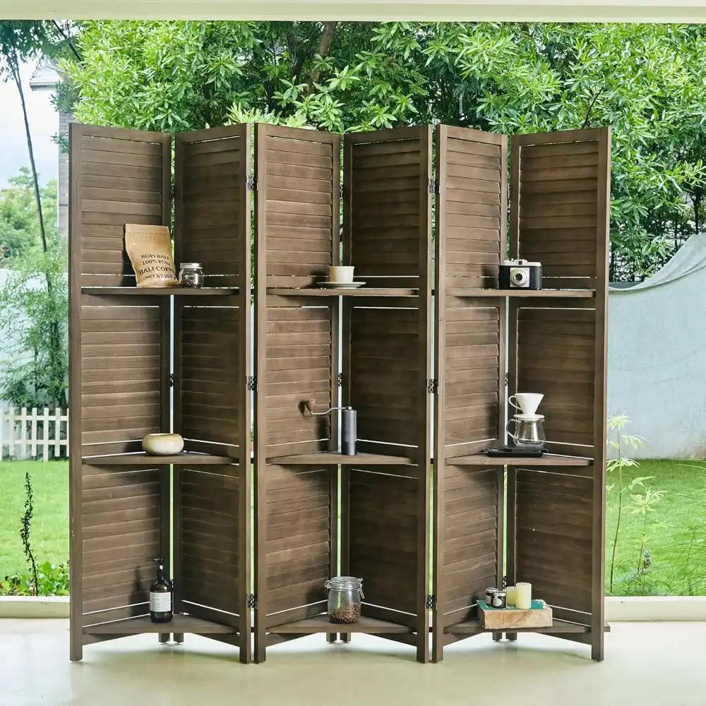 Wood panel screen divider displaying shelf storage functionality with plants and decorative objects.