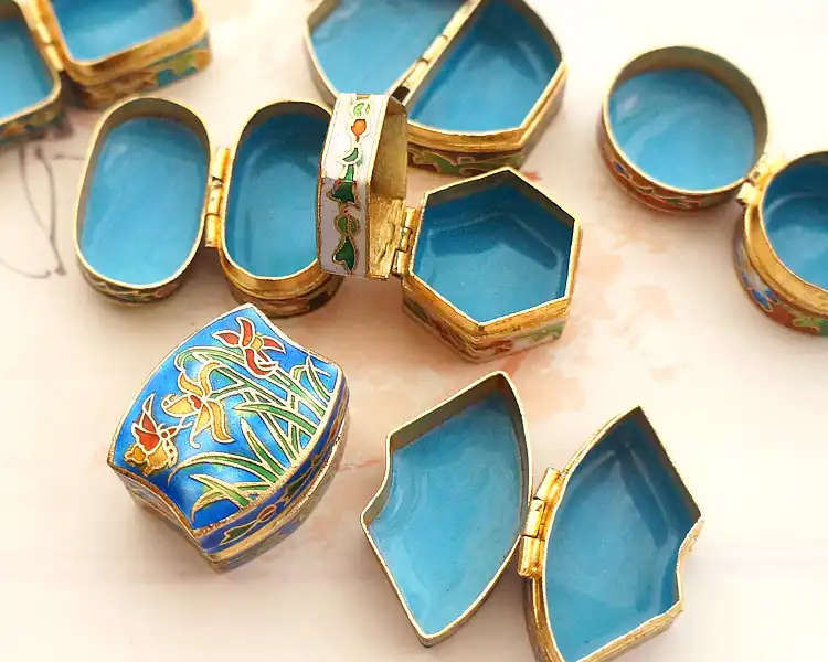 Detailed macro shot of cloisonne enamel surface texture highlighting vintage firing techniques.