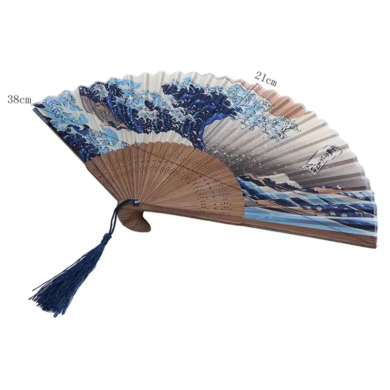 Japanese folding fan with Kanagawa wave pattern opened showing full blue and white design on silk fabric.