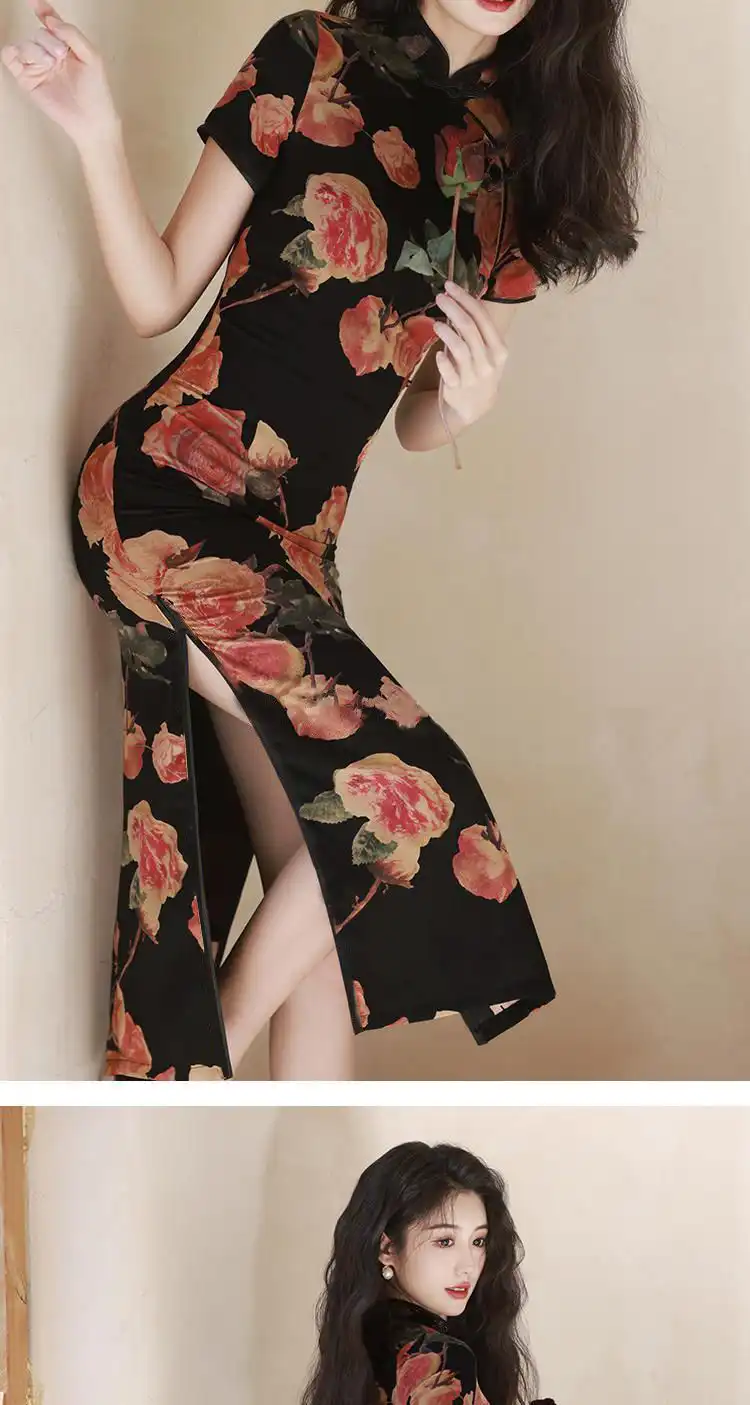 Young woman wearing summer cheongsam in casual setting showing dress versatility.