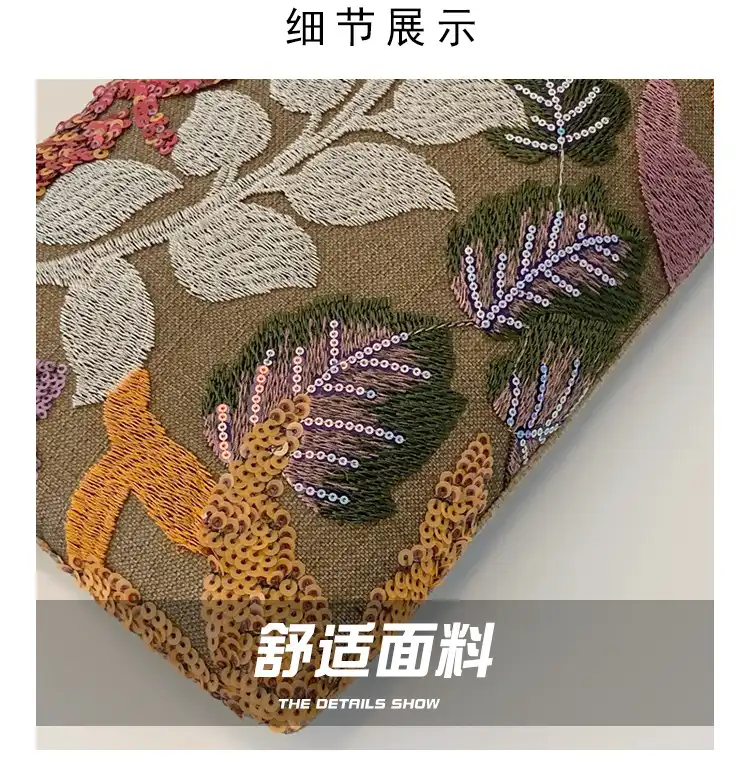 Close-up view of intricate sequined embroidery pattern on premium linen clutch bag surface.