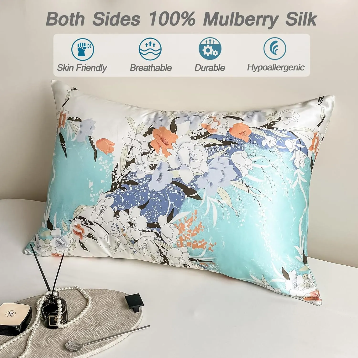 Pure mulberry silk pillowcase with hidden zipper closure showing double-sided natural fabric.