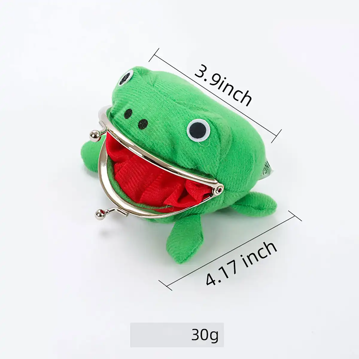 Anime frog plush keychain wallet with green flannel, front view..