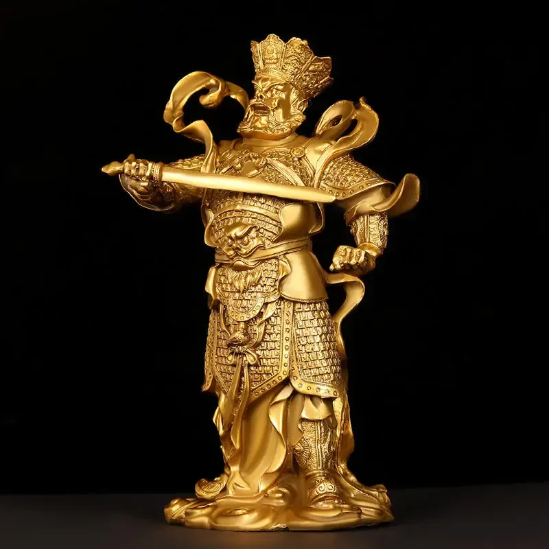 Four Heavenly Kings copper Buddha statues set display on wooden table feng shui home decor.