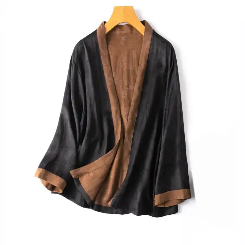 Sleeve detail of Gambiered Guangdong Gauze jacket showing natural silk texture and quality.