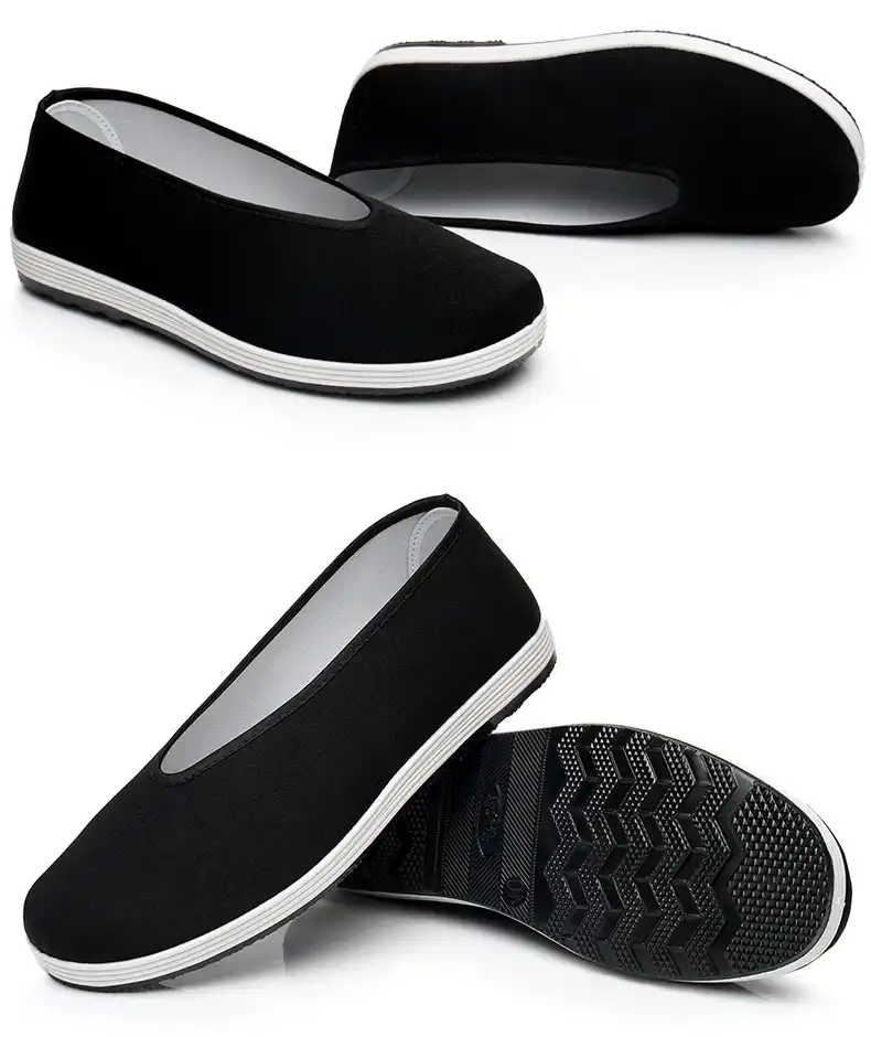 Top view displaying breathable microfiber material and classic black martial arts shoe design.